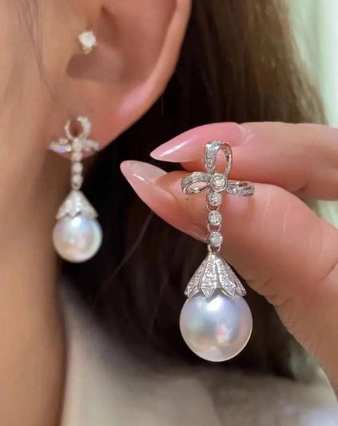 12-13mm Freshwater Pearl & Vintage Bowknot Drop Earrings - House Of Pearls